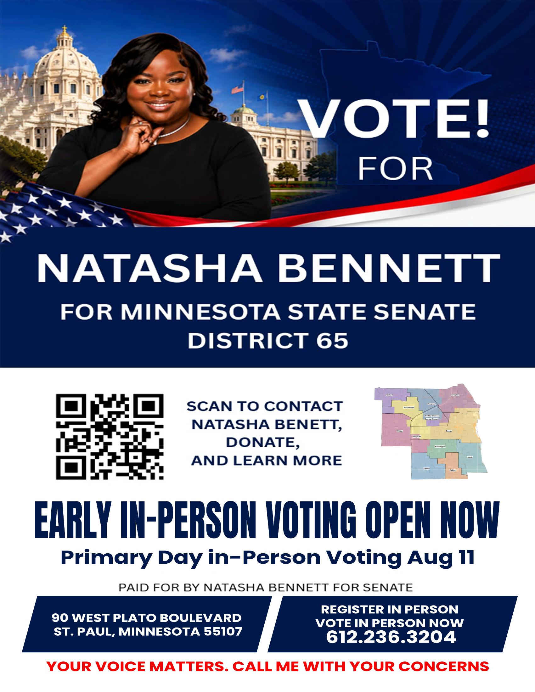 Vote for Natasha Bennett for Minnesota State Senate District 65 flyer with key voting dates